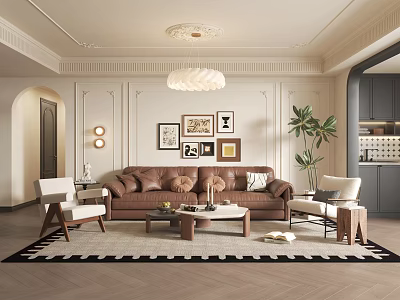 French Middle Ancient Home Living Room Sofa Coffee Table Combination Leather Sofa French Hanging Painting French Chandelier Balcony Cabinet 3d model