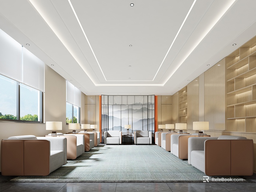 Modern Conference Room With Spacious Layout Bright Lighting Large Windows Sofas Bookshelves And Carpet 3d model 