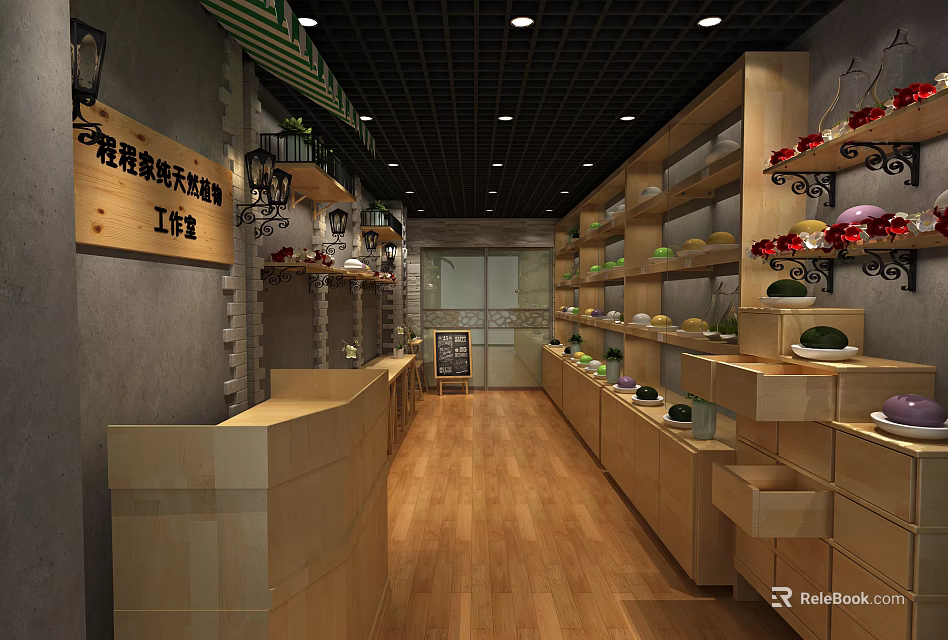 Warm Shopping Mall Store Interior With Wooden Shelves Pendant Lights And Product 3d model 