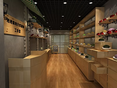Warm Shopping Mall Store Interior With Wooden Shelves Pendant Lights And Product 3d model
