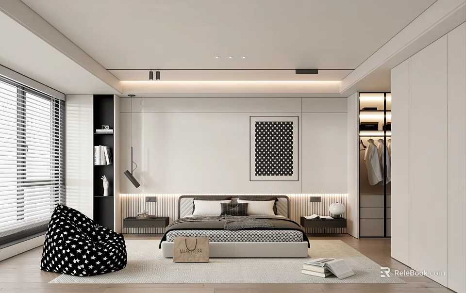 Modern Bedroom Interior Design With Bed Nightstands Decorative Art And Polka Dot Bean Bag 3d model 