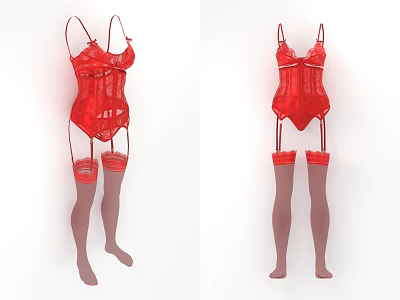 Red Lace Corset Lingerie Set With Matching Stockings And Straps 3d model