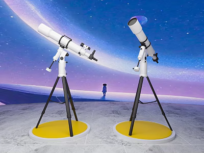 Decorative Ornament Set With Telescopes On Tripods Yellow Bases And Starry Sky Background 3d model