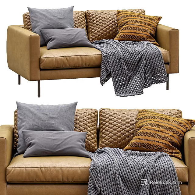 Tan Double Sofa With Quilted Backrest Gray Orange Pillows And Knit Blanket 3d model