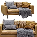 Tan Double Sofa With Quilted Backrest Gray Orange Pillows And Knit Blanket 3d model