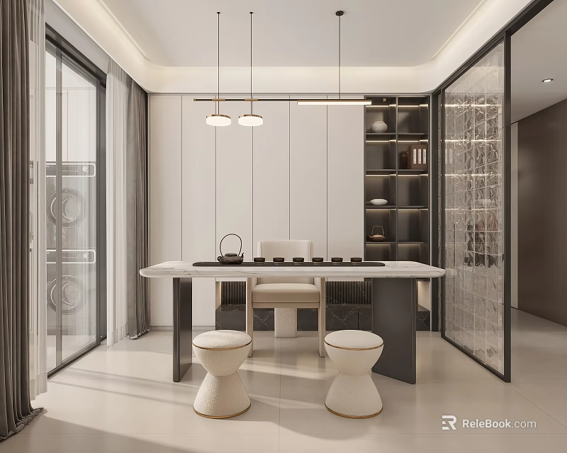 Modern Tea Room With Minimalist Design Table And Pendant Lights 3d model