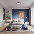 Kids Room Interior With Blue Walls Bed Desk TV Decorative Painting Toys And Curtains