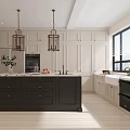 Modern Kitchen With White And Black Cabinets Island Counter Pendant Lights And Bar Stools