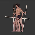 Shirtless Men In Black Shorts Holding Long Sticks In Various Poses On Grey Reflective Floor