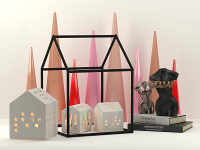 Ornamental Decor Set With Small House Shaped Ornaments Cone Decor And Black Dog Figurine 3d model