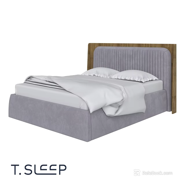 Modern Double Bed With Gray Upholstered Frame Wooden Headboard And White Bedding 3d model 