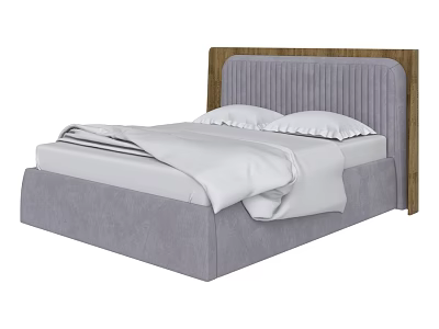Modern Double Bed With Gray Upholstered Frame Wooden Headboard And White Bedding 3d model