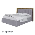 Modern Double Bed With Gray Upholstered Frame Wooden Headboard And White Bedding