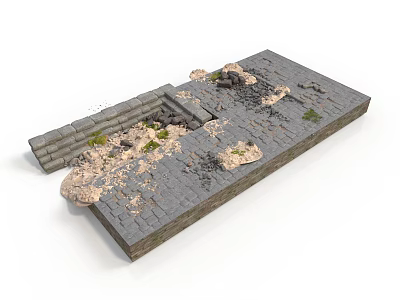 Modern Urban Pavement Surface With Damaged Cracks Moss And Loose Gravel 3d model