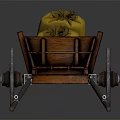 Vintage Wooden Cart Loaded With Yellow Sacks On Dark Reflective Surface