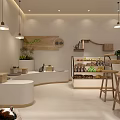 Modern Cafe Interior Design With Wooden Counter Pendant Lights Green Plants And Cozy Seats