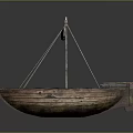 Vintage Wooden Boat With Mast Ropes And Canvas Sails On Gray Background