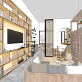 Modern Tea Room Interior With Wooden Shelves Counter Stools And Decorative Items