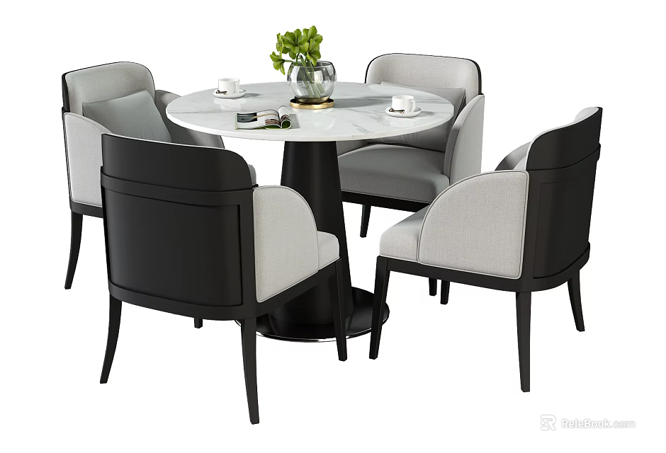 Modern Round Dining Table Set With Marble Top and Light Gray Black Chairs 3d model