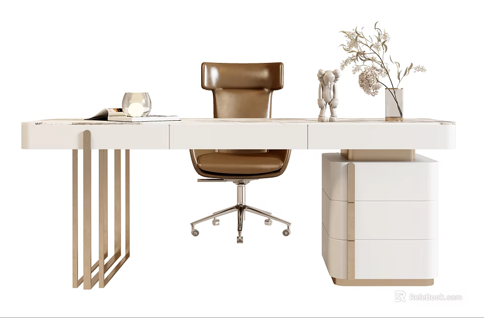 Modern White Desk with Metal Legs and Brown Leather Chair Vase Flowers Drawer Cabinet 3d model 