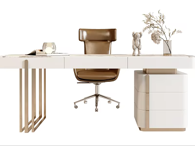 Modern White Desk with Metal Legs and Brown Leather Chair Vase Flowers Drawer Cabinet 3d model