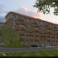 Modern Multi Storey Residential Building With Brown Roof Balconies Trees Greenery Street Cars And Pedestrians