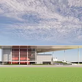 Modern Architectural Building With Unique Sloped Roof Glass Curtain Walls Red Accent And White Facade