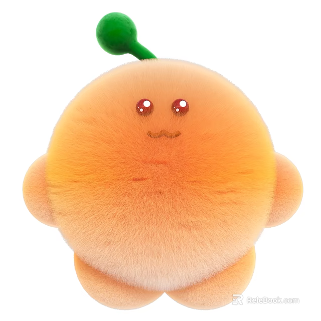 Cute Orange Fluffy Round Doll With Green Leaf On Head Red Eyes Smiling Face 3d model 