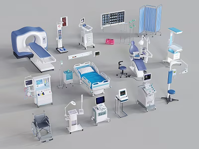 Advanced Medical Equipment in Healthcare Facilities Featuring CT Scanner Hospital Bed Monitors and Wheelchairs 3d model
