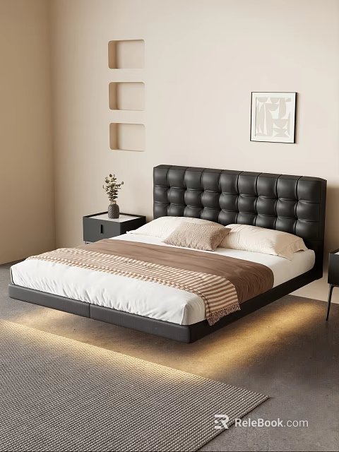 Double Bed With Black Leather Tufted Headboard White Sheets Brown Striped Blanket And Black Nightstands 3d model 