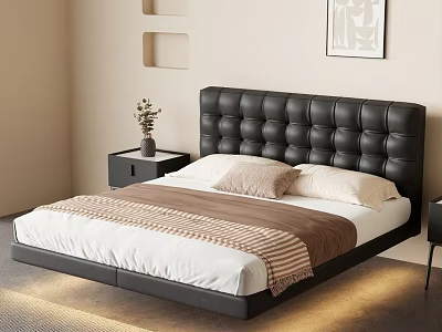 Double Bed With Black Leather Tufted Headboard White Sheets Brown Striped Blanket And Black Nightstands 3d model
