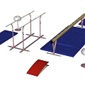 Gymnastics Sports Equipment Including Balance Beam Parallel Bars Blue Mats And Red Springboard