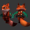Two Fantasy Orange Red Fox Characters With Green Wings And Back Bell Decorations