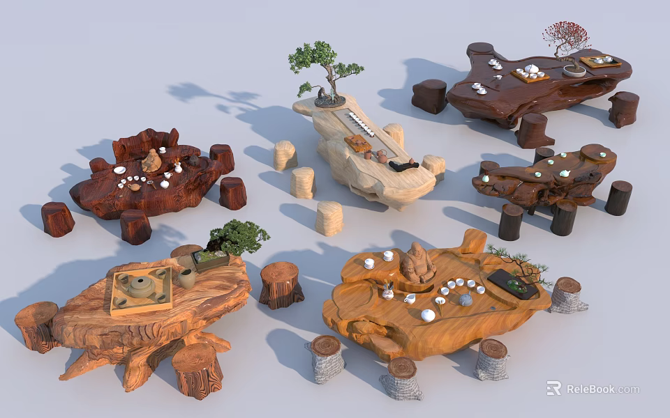 Natural Root Carving Tea Tables With Stools Tea Sets And Small Plants 3d model 