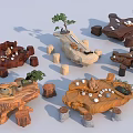 Natural Root Carving Tea Tables With Stools Tea Sets And Small Plants 3d model