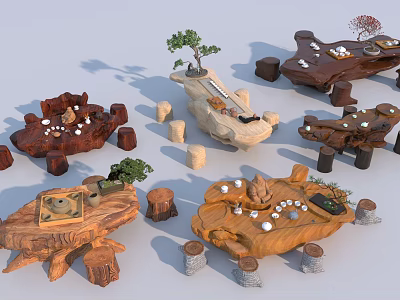 Natural Root Carving Tea Tables With Stools Tea Sets And Small Plants 3d model