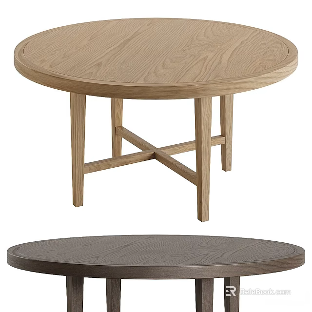 Round Wooden Dining Table With Cross Legs And Light Dark Wood Finish 3d model 