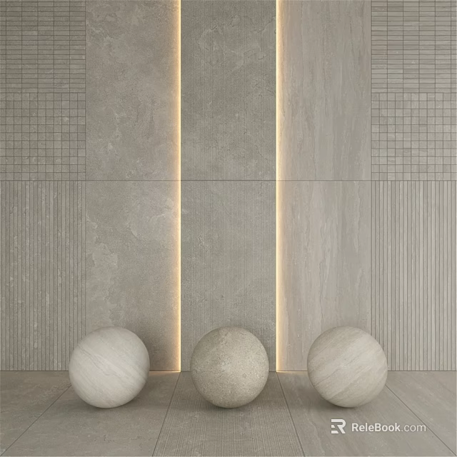 Gray Wall Components with Textured Tiles Light Strips and Marble Spheres 3d model 
