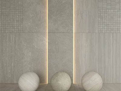 Gray Wall Components with Textured Tiles Light Strips and Marble Spheres 3d model