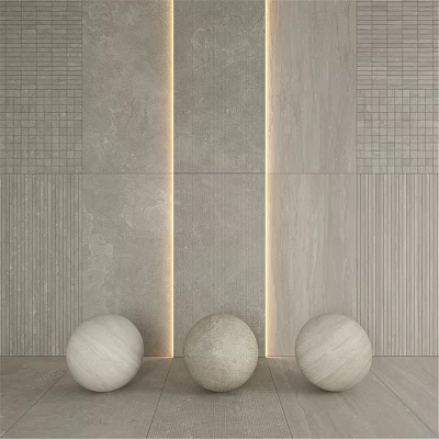 Gray Wall Components with Textured Tiles Light Strips and Marble Spheres 3d model
