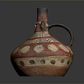 Ancient Ceramic Vessel Sculpture Featuring Red Body Gold Circular and Geometric Carvings