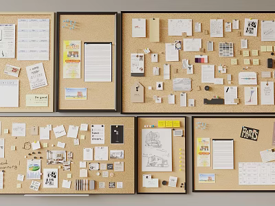 Cork Wainscoting Bulletin Boards Displaying Various Papers Notes Photos And Cards 3d model