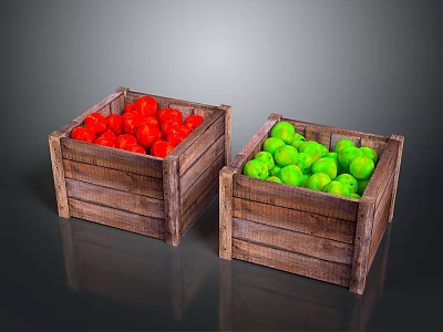 Vibrant Red and Green Fresh Fruits Displayed in Wooden Crates 3d model