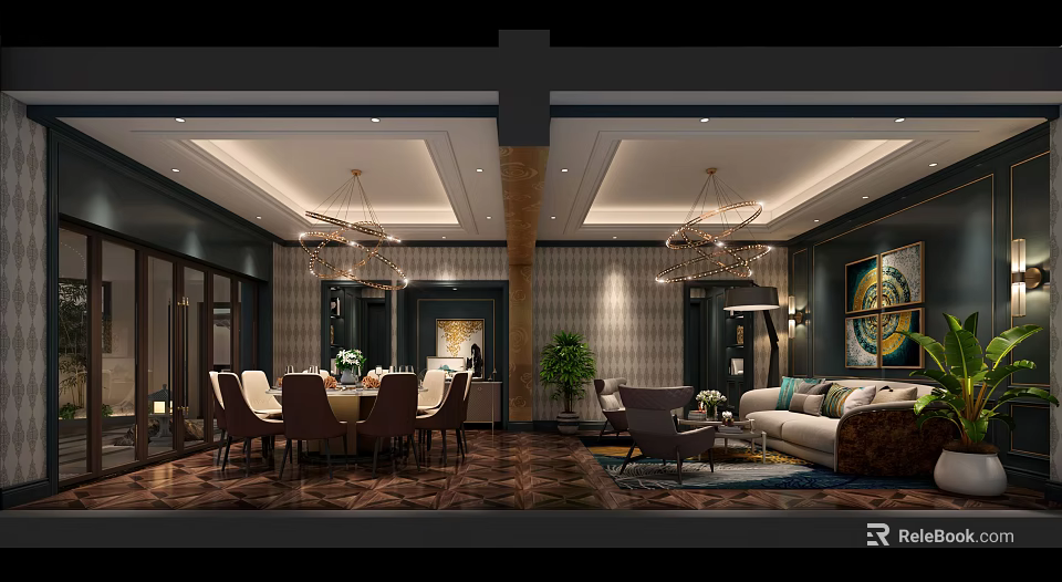Luxurious Private Box Interior With Dining Table Chandeliers Sofa And Decorative Plants 3d model 