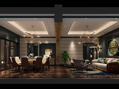 Luxurious Private Box Interior With Dining Table Chandeliers Sofa And Decorative Plants 3d model