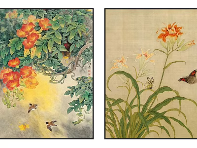 Traditional Chinese Painting With Colorful Flowers Birds Butterflies And Insects Artwork 3d model