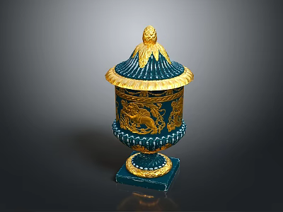 Blue And Gold Decorative Vase With Lion Head Lid And Floral Patterns On Square Base 3d model