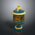 Blue And Gold Decorative Vase With Lion Head Lid And Floral Patterns On Square Base