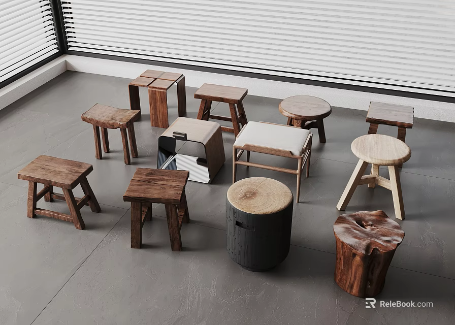 Various Wooden Stools with Natural Designs and Unique Shapes in Modern Interior 3d model 
