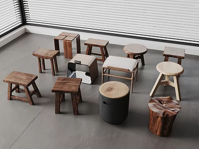 Various Wooden Stools with Natural Designs and Unique Shapes in Modern Interior 3d model